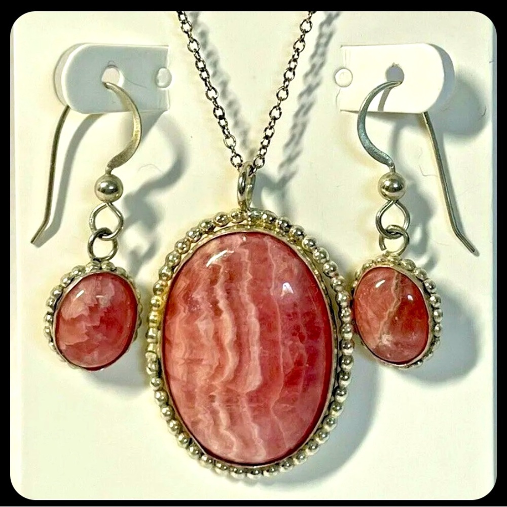 Rose Pink Oval Jasper Sterling Silver Artisan Made Earrings & Necklace Set NEW - Picture 1 of 3